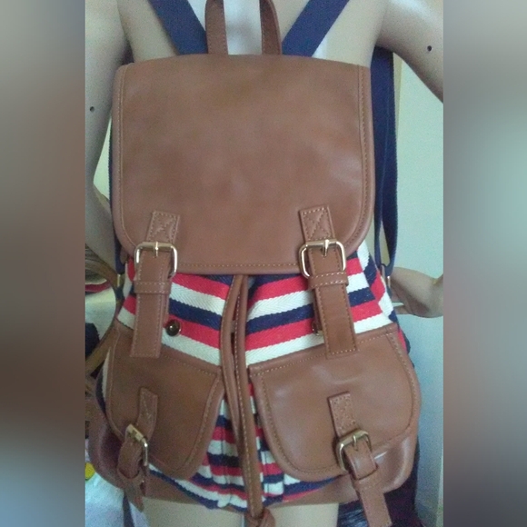 CHARMING CHARLIE BACKPACK PATRIOTIC RED WHITE & BLUE & FAUX LEATHER TRIM